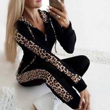 Conjunto abrigo feminino casual leopardo, calça esportiva com capuz manga comprida 2024 - compre barato
