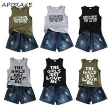 2021 0-6Y Summer Baby Boy Clothing Vest+Holes Denim Shorts Retro Sanded GOTEMSAYIN'S WOW Letter Print Summer Outfit 2pcs Set 2024 - buy cheap