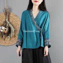 2021 blusa tradicional chinesa das mulheres estilo folk algodão linho camisa do vintage tang terno cheongsam feminino lady chiffon blusa 2024 - compre barato