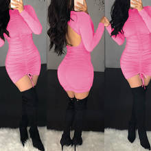 OMSJ-Vestido corto plisado de manga larga para mujer, minivestido Sexy entallado de Color liso, con Espalda descubierta, para fiesta y Club 2024 - compra barato