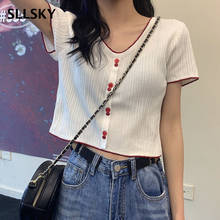 Sllsky camiseta feminina casual com decote em v, camiseta de manga curta com botões para mulheres, moda verão 2021 2024 - compre barato