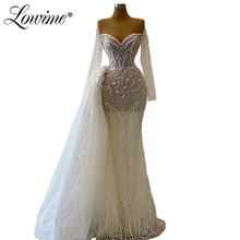 Laço duas peças vestidos de casamento sereia 2020 pérolas vestidos de casamento muçulmano vestido de noiva mangas compridas dubai mariage turco 2024 - compre barato