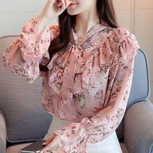 Blusa feminina manga comprida com babados, camisa feminina moda 2021 chiffon com decote v c449 2024 - compre barato