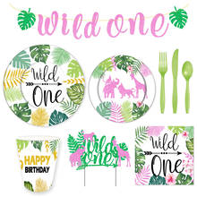 И надписью «Wild ONE» для дня рождения джунгли вечерние одноразовая посуда для первого 1st День рождения вечерние украшения Дети джунгли для вечеринки в стиле сафари вечерние поставки 2024 - купить недорого
