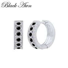 Awn-pendientes de aro de Plata de Ley 925 para mujer, aretes redondos de compromiso de espinela negra, joyería fina, color negro, I182 2024 - compra barato