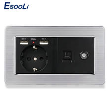 Esooli-tomada de parede padrão europeu, 2 portas usb, conector fêmea para tv e entrada rj45, preto, aço inoxidável 2024 - compre barato