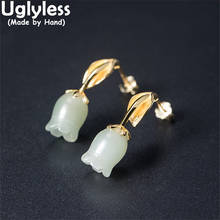 Uglyless-pendientes de flores de lirio del valle para mujer, aretes florales de Jade Natural Hotan, joyería elegante de hojas de plata 925 2024 - compra barato