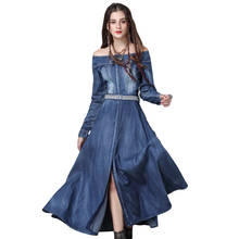 Belt Embroidered One-Neck Washed Denim Dress 2021 Spring Autumn  Retro Women's Temperament Long-Sleeved Dress 2024 - buy cheap