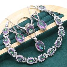Conjuntos de joyería de plata de ley 925 clásica para mujer, pulsera de cristal Multicolor, pendientes, collar, colgante, anillo de boda 2024 - compra barato