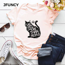JFUNCY-Camiseta con estampado de "I Love Cat" para mujer, camiseta de manga corta para mujer, Camisetas básicas informales de talla grande para mujer 100% algodón 2024 - compra barato
