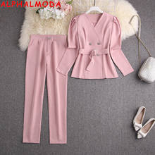 ALPHALMODA New Fashion Blazer Suits Puff Sleeve Double Breasted Belted Trendy Blazer + Pencil Pants Women Stylish Suits 2024 - buy cheap