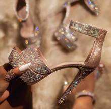 Charming Silver Sequins Chunky Heels Ankle Strap Sandals Women Bling Platform Shoes Lady Peep Toe Elastic Band Wedding Shoes 2024 - buy cheap