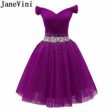JaneVini-vestido de fiesta púrpura, vestido de fiesta Formal, tul corto, cristales burdeos, abalorios, hombros descubiertos 2024 - compra barato