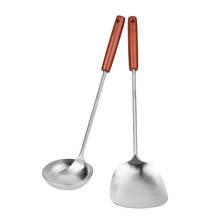 Pá de espátula grande e longa, utensílio de cozinha de aço inoxidável, lâmina de silicone para cozinha, cabo de madeira, virador de sopa, colher wok 2024 - compre barato