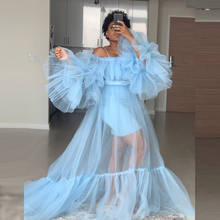 Sky Blue Women Puffy Sleeve Tulle Dresses Strapless Long Sleeve Sheer Tulle Dress Plus Size With Wasit Band Women Maxi Wear 2024 - buy cheap