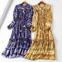 Super Chic navy floral bloom frill women dress V-neck drawstring tie long boho dress gypsy chic Spring summer dress 2020 new 2024 - buy cheap