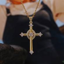 Creative Women's Transparent AAA Zircon Copper Metal Cross Necklaces & Pendants Stainless Steel Gold Color O-chain Necklace 2024 - buy cheap