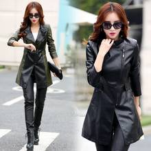 Jaqueta de couro ecológico feminina, casaco longo de couro com fina, blusa fashion para outono 2024 - compre barato