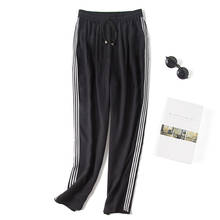Women's 100% Pure Silk Belted Waist Cropped Pants Trousers with pockets black stripes L XL JN435 2024 - buy cheap