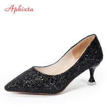 Aphixta sapatos de salto feminino, com lantejoulas, oficial, 5.5cm, festa de casamento, tamanho grande, 43, sapatos clássicos para mulheres 2024 - compre barato