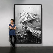 Pintura al óleo abstracta pintada a mano, Mural de olas del mar en blanco y negro, lienzo de textura gruesa, pinturas de Villa, sala de estar, arte de entrada 2024 - compra barato