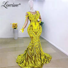 Yellow Sequins Mermaid Evening Dresses 2021 Custom Made Elegant Plus Size Celebrity Gown Dubai Long Sleeves Prom Party Dress 2024 - buy cheap