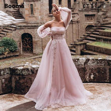 Vestidos de novia rosas sin tirantes, mangas abullonadas, tul largo, corte en A, ilusión de encaje, vestidos de novia con perlas y botones en la espalda 2024 - compra barato