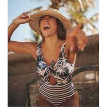 Hollow Out Striped One Piece Swimsuit Women Sleeveless Deep V-neck Swimwear for Summer Beach Bathing Suit 2024 - buy cheap