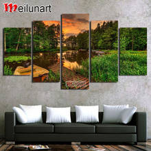 Boat Dock Forest Sunset Tree Pond Landscape diy diamond painting 5 piece full square round drill diamond embroidery sale AS0041 2024 - buy cheap