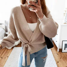 Women's Sweater V-Neck Lace Up Bow Cardigan Outerwear Solid Color Casual Long Sleeve Knitted Sweaters Tops for Lady Autumn New 2024 - buy cheap