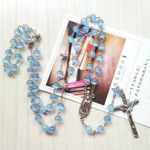 8mm Blue Cat Eye Cross Pendant Necklace Unisex Catholic Ornaments Virgin Rosary Beads Jesus Christ  Strand Women Jewelry 2024 - buy cheap