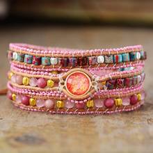 Bohemian Cute Pink Leather Wrap Bracelets W/ Mix Jaspers Stone 3 Strands Teengirls Bracelet Bohemian Women Jewelry 2024 - buy cheap