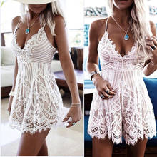 Sexy Backless Sleeveless Lace Solid Women Sleepwear Underwear Deep V-Neck Lace Floral Mini Dress White 2024 - buy cheap