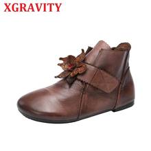 Xgravity-botas femininas de couro legítimo, étnicas com flores, slip-on, sapatos baixos casuais para mulheres, bico redondo 2024 - compre barato