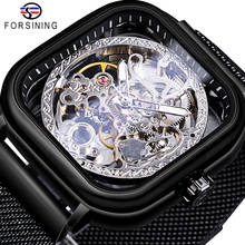 Forsining Skeleton Men Mechanical Wristwatches Square Transparent Mens Watch Black Steel Automatic Watches Relogio Masculino 2024 - buy cheap