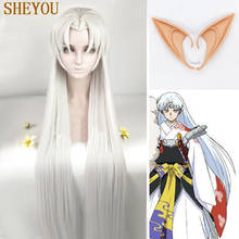 39in 100cm Long Inuyasha Sesshomaru Wig With Ears Heat Resistant Cosplay Silvery Synthetic Hair Peruca + Wig Cap 2024 - buy cheap