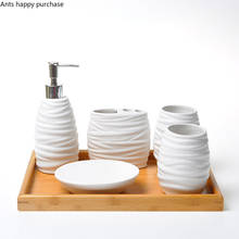 Conjunto de 5 peças de sabonete com bandeja de bambu para banheiro, acessórios brancos de cerâmica para banheiro, copos de loção, porta escova de dentes e saboneteira 2024 - compre barato