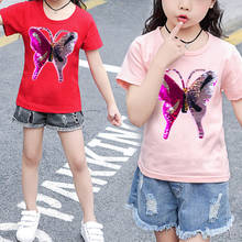 Изменение «бабочка», Детская футболка для девочек, летние хлопковые топы с блестками, футболки, детская одежда футболки с коротким рукавом для повседневной носки 2024 - купить недорого