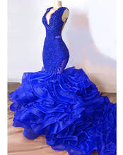 Lindo vestido de baile de sereia azul-real, 2020, luxo, rendas, babados, com babados, cauda estilo sereia, vestido de noite, robe 2024 - compre barato