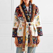 Жаккардовое пальто с цветочным принтом для женщин, вязаный Готический кардиган с кисточками, свитер, зима трикотажный кардиган, модная новинка 2024 - купить недорого