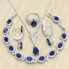 Conjuntos de joyas de Color plateado Noble para mujer, piedras semipreciosas azul real, anillo, pendientes, colgante, collar, pulsera, regalo de boda 2024 - compra barato