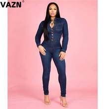 VAZN OMF5066 new product 2019 autumn sexy lady deep blue jean jumpsuit full dleeve button fly jumpsuit lady high street jumpsuit 2024 - buy cheap