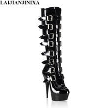 New Knee High Boots Women Buckle Motorcycle Boots Extreme 15cm High Heel Platform Belt Strap Cross Tie Shoes 2024 - buy cheap