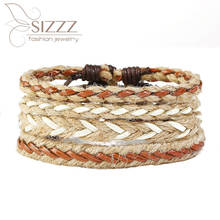 SIZZZ-pulsera de cuerda de cáñamo tejida para hombre y mujer, brazalete retro de Cuatro piezas, suministro estable, novedad de 2019 2024 - compra barato