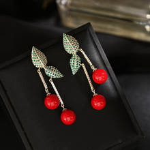 Sweet Statement Cherry Leaf Pendant Earrings For Female 2022 Brand Design Fruit Dangler Cubic Zirconia Red Pearl Earring Jewelry 2024 - buy cheap