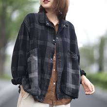 Fashion Korean Retro Turn-down Collar Long Sleeve Plaid Coats 2021 Autumn New Loose Big Pockets Bleached Denim Jackets Washed 2024 - buy cheap