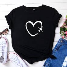 Camisetas con estampado de corazón de avión de viaje para Mujer, Camiseta de manga corta con cuello redondo, Camiseta de moda para Mujer, Camiseta holgada para Mujer 2024 - compra barato