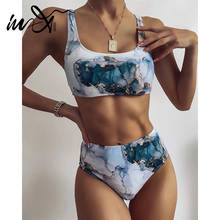 In-x-Bañador con estampado de mármol para mujer, traje de baño femenino de banda, bikini de cintura alta, traje de baño deportivo Sexy de 2 piezas, bikini 2020 2024 - compra barato