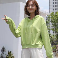 Корейский Модный укороченный топ, свитшот для женщин, однотонная толстовка с кулиской, хлопковые свободные укороченные толстовки, свитшоты в стиле Харадзюку, уличная одежда 2024 - купить недорого