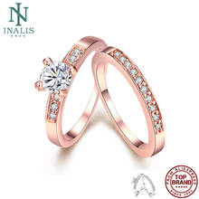 Inpb de anel geométrico feminino, anel banhado a ouro rosa 5a de zircônia cúbica transparente, joia feminina de noivado 2024 - compre barato